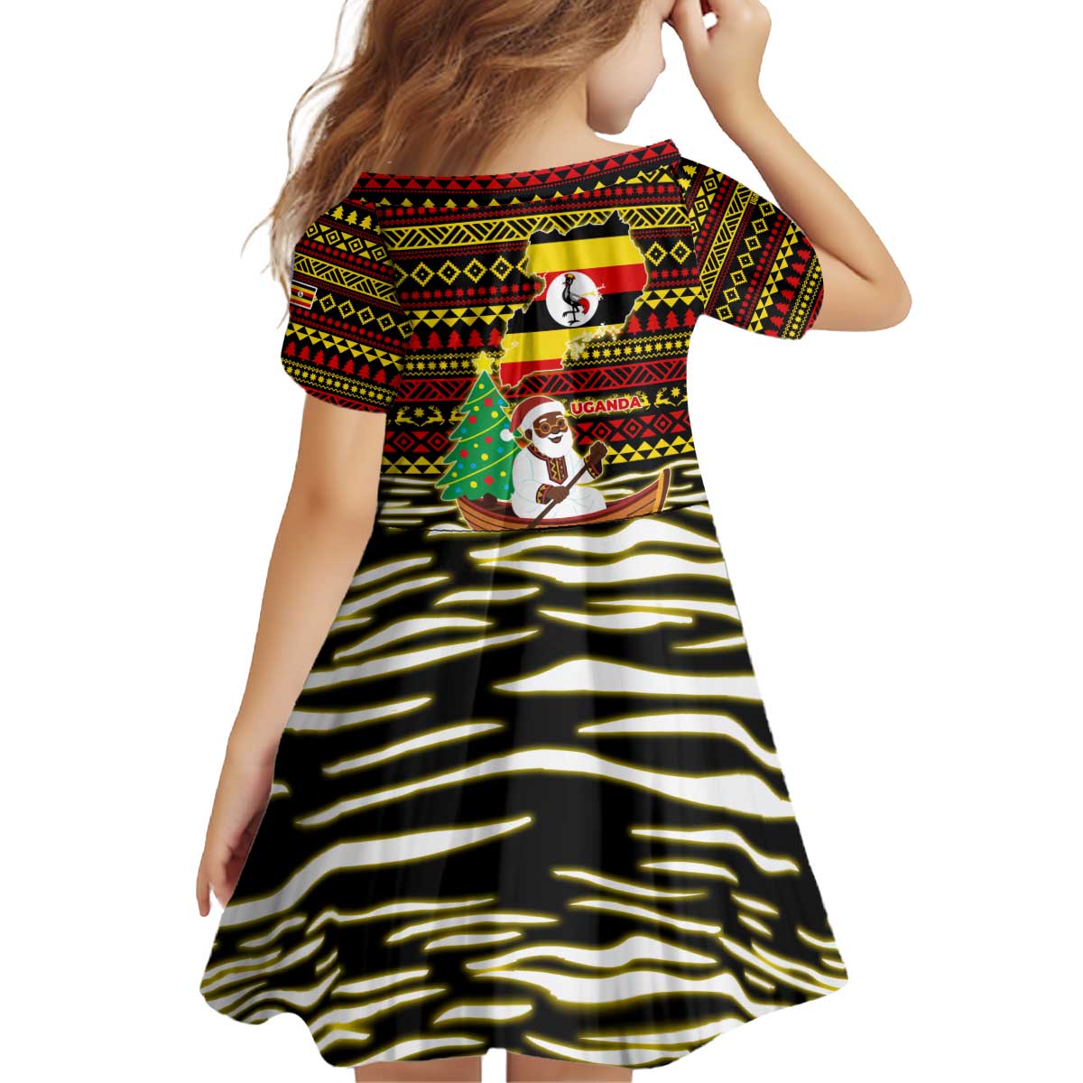 Uganda Christmas Kid Short Sleeve Dress with Santa in Canoe Christmas Tree Uganda Map Flag and Black Red Yellow Tribal Pattern Design - Wonder Print Shop