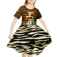 Uganda Christmas Kid Short Sleeve Dress with Santa in Canoe Christmas Tree Uganda Map Flag and Black Red Yellow Tribal Pattern Design - Wonder Print Shop