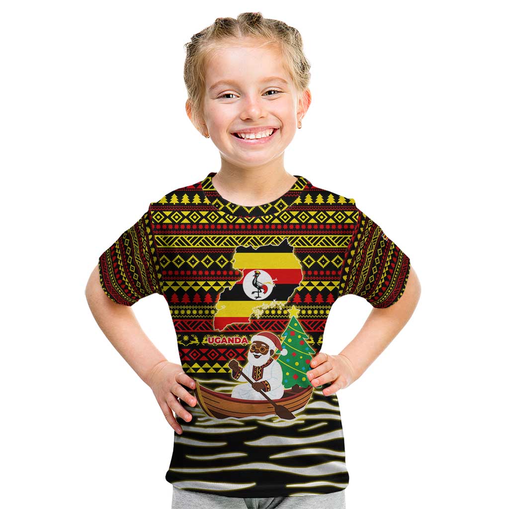 Uganda Christmas Kid T Shirt with Santa in Canoe Christmas Tree Uganda Map Flag and Black Red Yellow Tribal Pattern Design - Wonder Print Shop