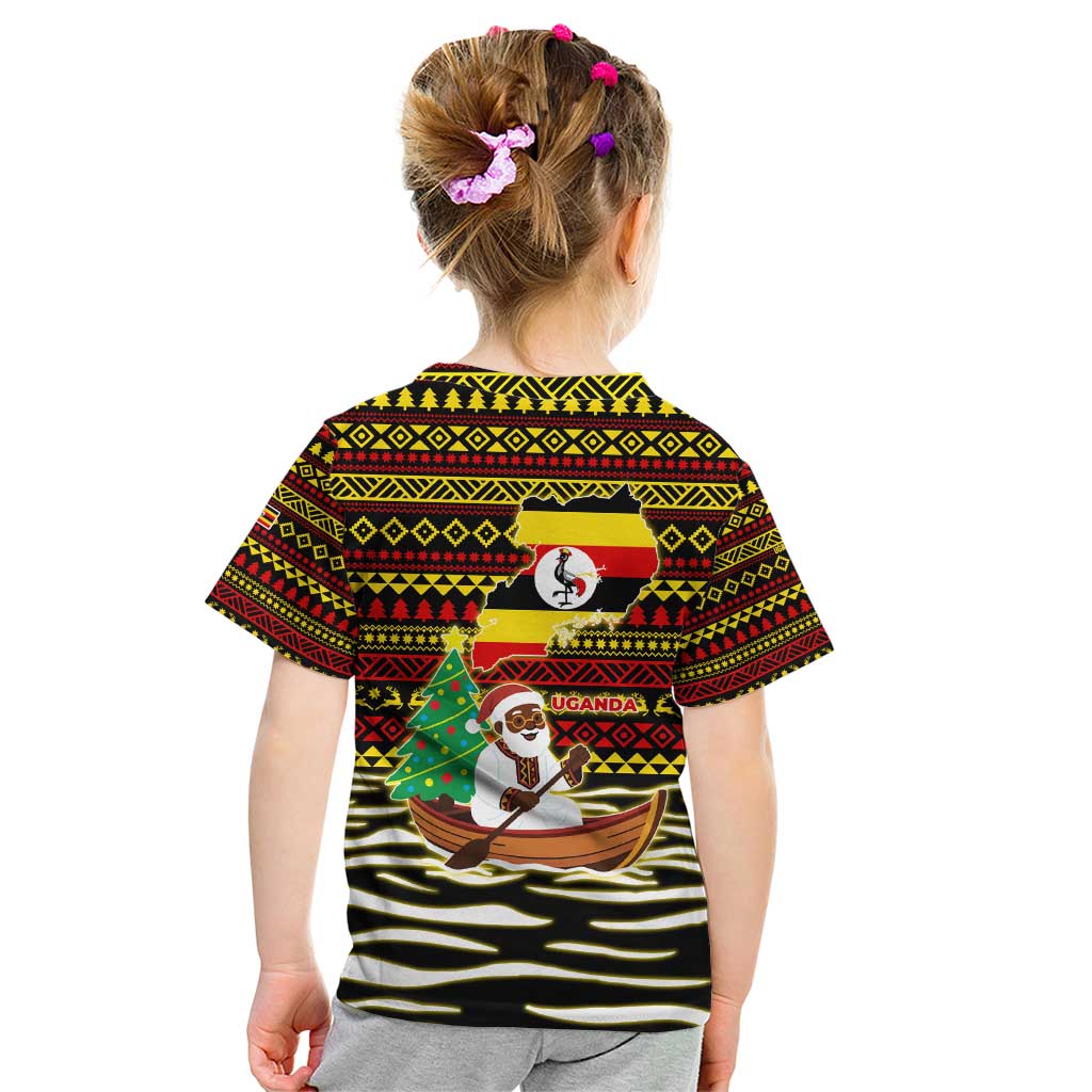 Uganda Christmas Kid T Shirt with Santa in Canoe Christmas Tree Uganda Map Flag and Black Red Yellow Tribal Pattern Design - Wonder Print Shop