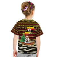 Uganda Christmas Kid T Shirt with Santa in Canoe Christmas Tree Uganda Map Flag and Black Red Yellow Tribal Pattern Design - Wonder Print Shop