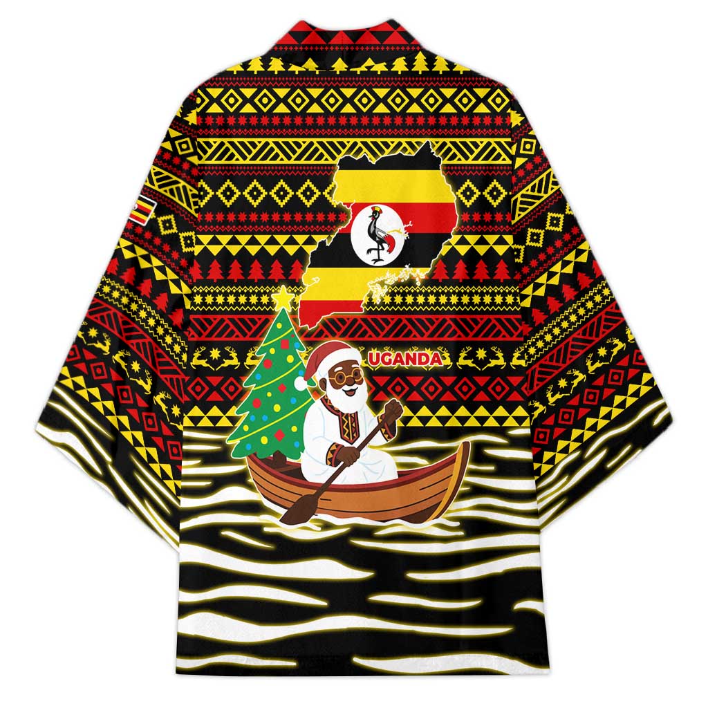 Uganda Christmas Kimono with Santa in Canoe Christmas Tree Uganda Map Flag and Black Red Yellow Tribal Pattern Design - Wonder Print Shop