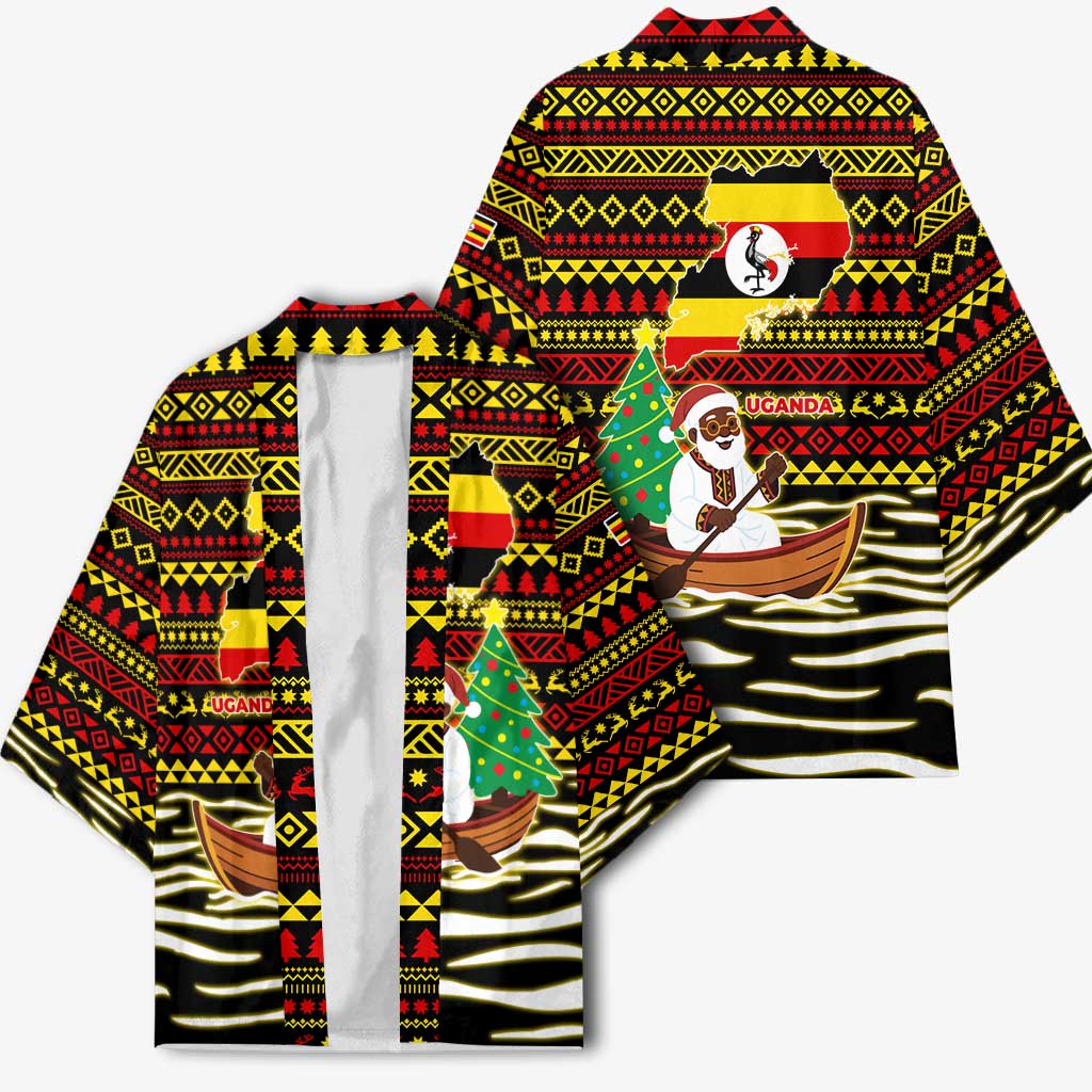 Uganda Christmas Kimono with Santa in Canoe Christmas Tree Uganda Map Flag and Black Red Yellow Tribal Pattern Design - Wonder Print Shop