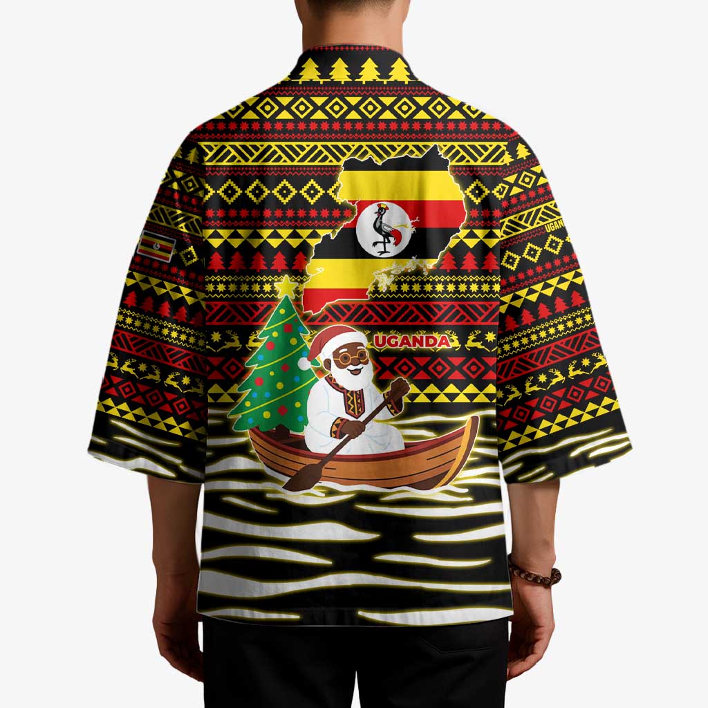Uganda Christmas Kimono with Santa in Canoe Christmas Tree Uganda Map Flag and Black Red Yellow Tribal Pattern Design - Wonder Print Shop