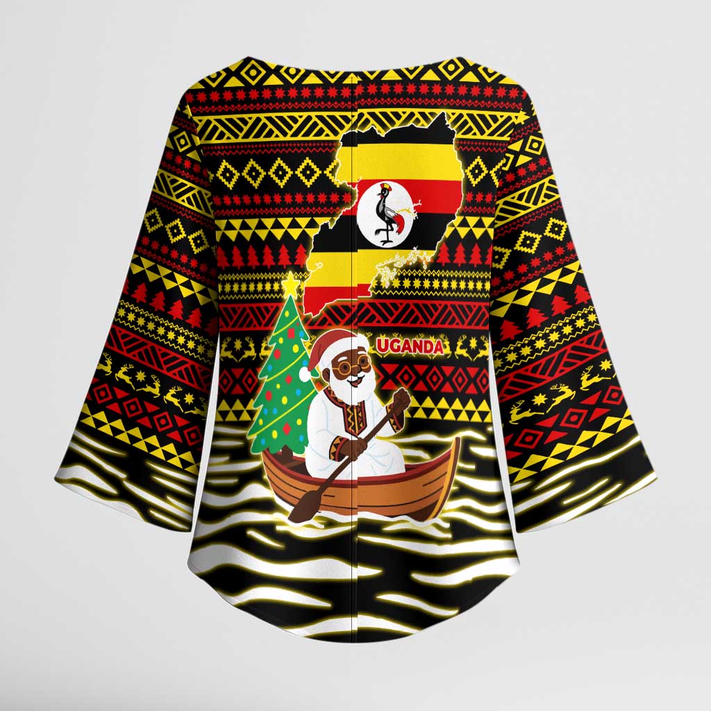 Uganda Christmas Kimono Sleeve Blouse with Santa in Canoe Christmas Tree Uganda Map Flag and Black Red Yellow Tribal Pattern Design - Wonder Print Shop