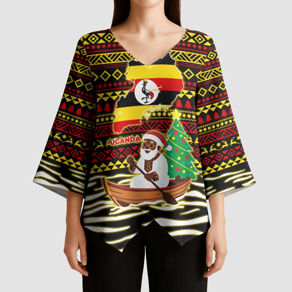 Uganda Christmas Kimono Sleeve Blouse with Santa in Canoe Christmas Tree Uganda Map Flag and Black Red Yellow Tribal Pattern Design - Wonder Print Shop
