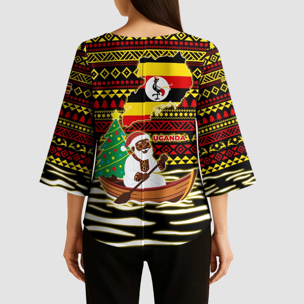 Uganda Christmas Kimono Sleeve Blouse with Santa in Canoe Christmas Tree Uganda Map Flag and Black Red Yellow Tribal Pattern Design - Wonder Print Shop