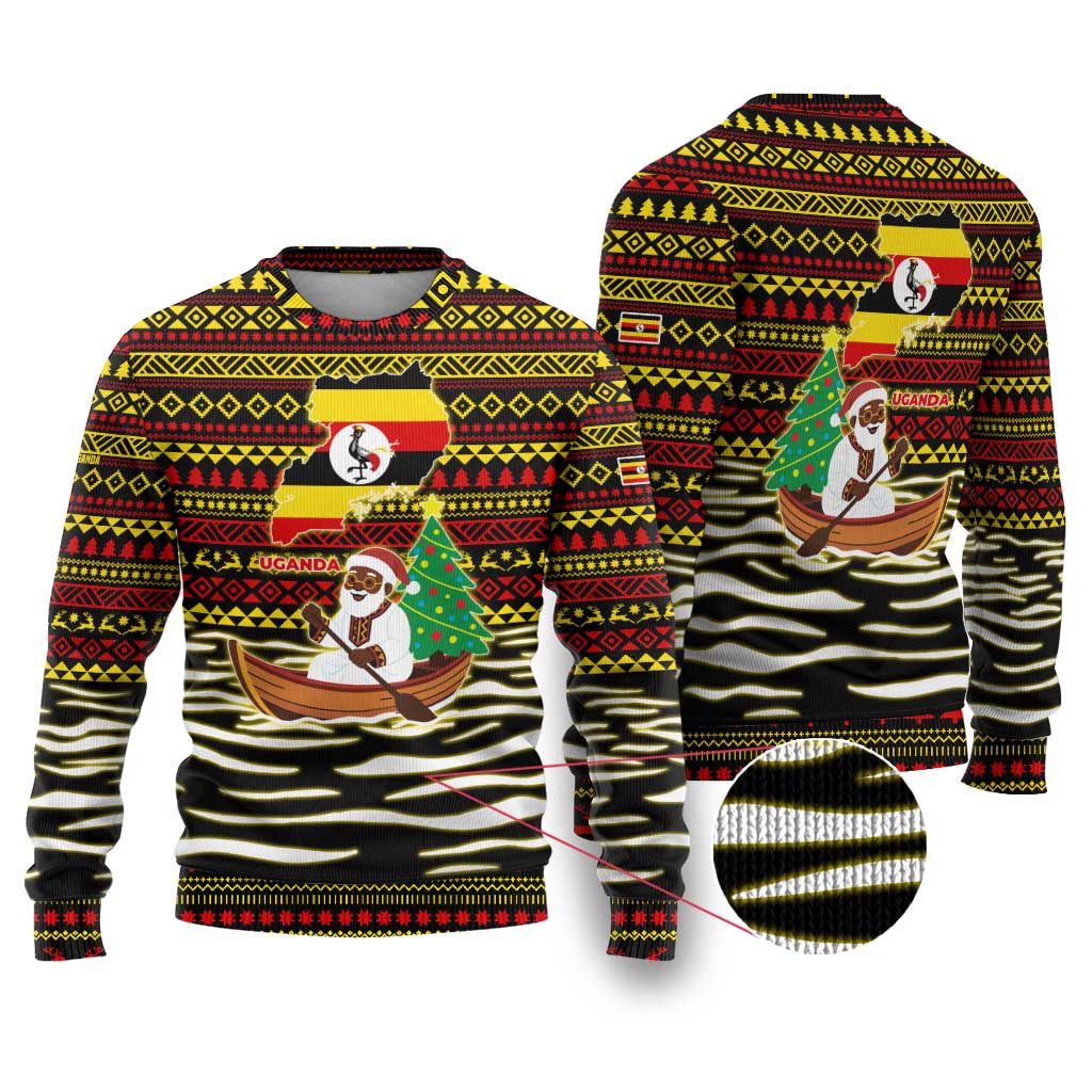 Uganda Christmas Ugly Christmas Sweater with Santa in Canoe Christmas Tree Uganda Map Flag and Black Red Yellow Tribal Pattern Design - Wonder Print Shop