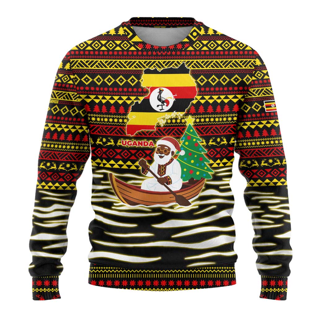 Uganda Christmas Ugly Christmas Sweater with Santa in Canoe Christmas Tree Uganda Map Flag and Black Red Yellow Tribal Pattern Design - Wonder Print Shop