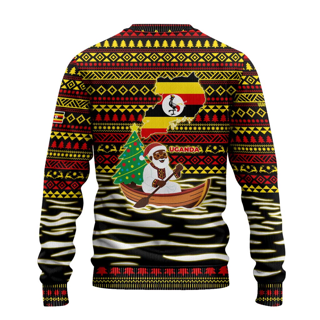 Uganda Christmas Ugly Christmas Sweater with Santa in Canoe Christmas Tree Uganda Map Flag and Black Red Yellow Tribal Pattern Design - Wonder Print Shop