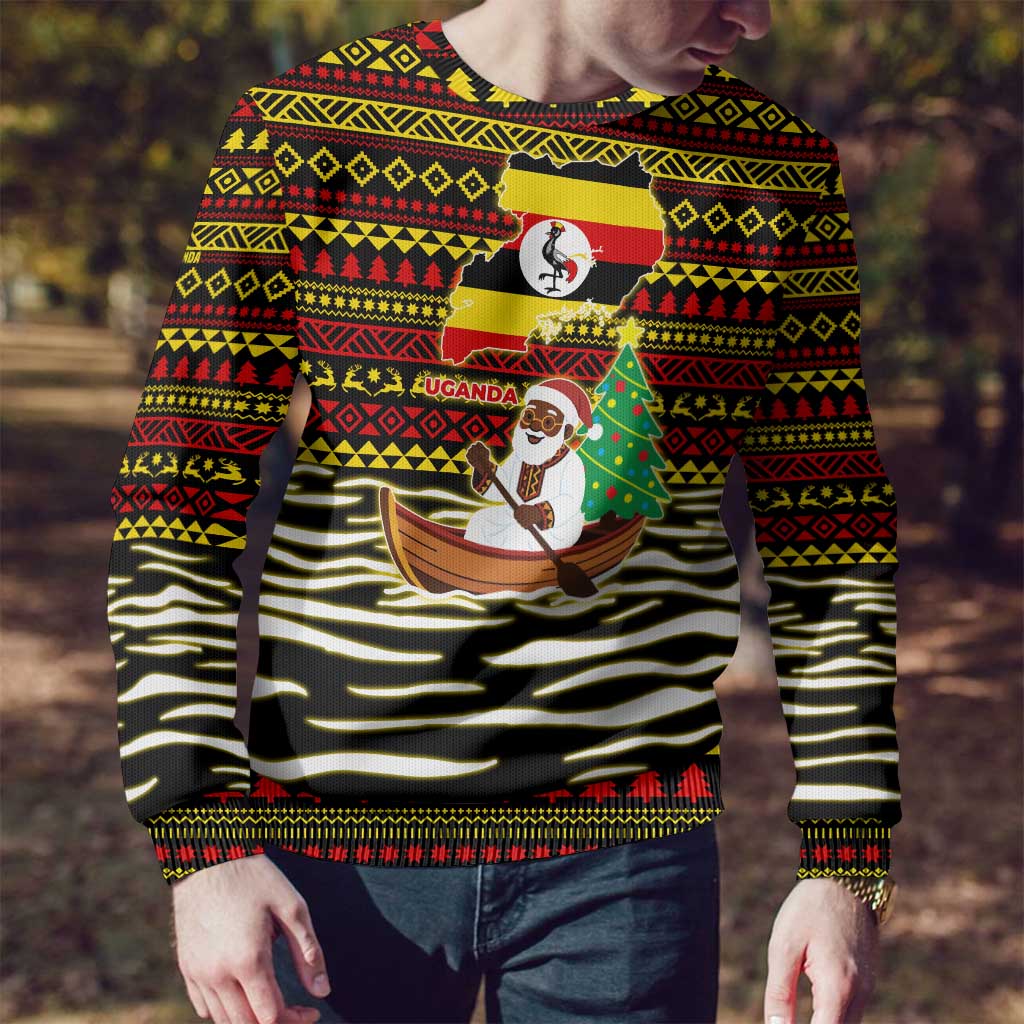 Uganda Christmas Ugly Christmas Sweater with Santa in Canoe Christmas Tree Uganda Map Flag and Black Red Yellow Tribal Pattern Design - Wonder Print Shop