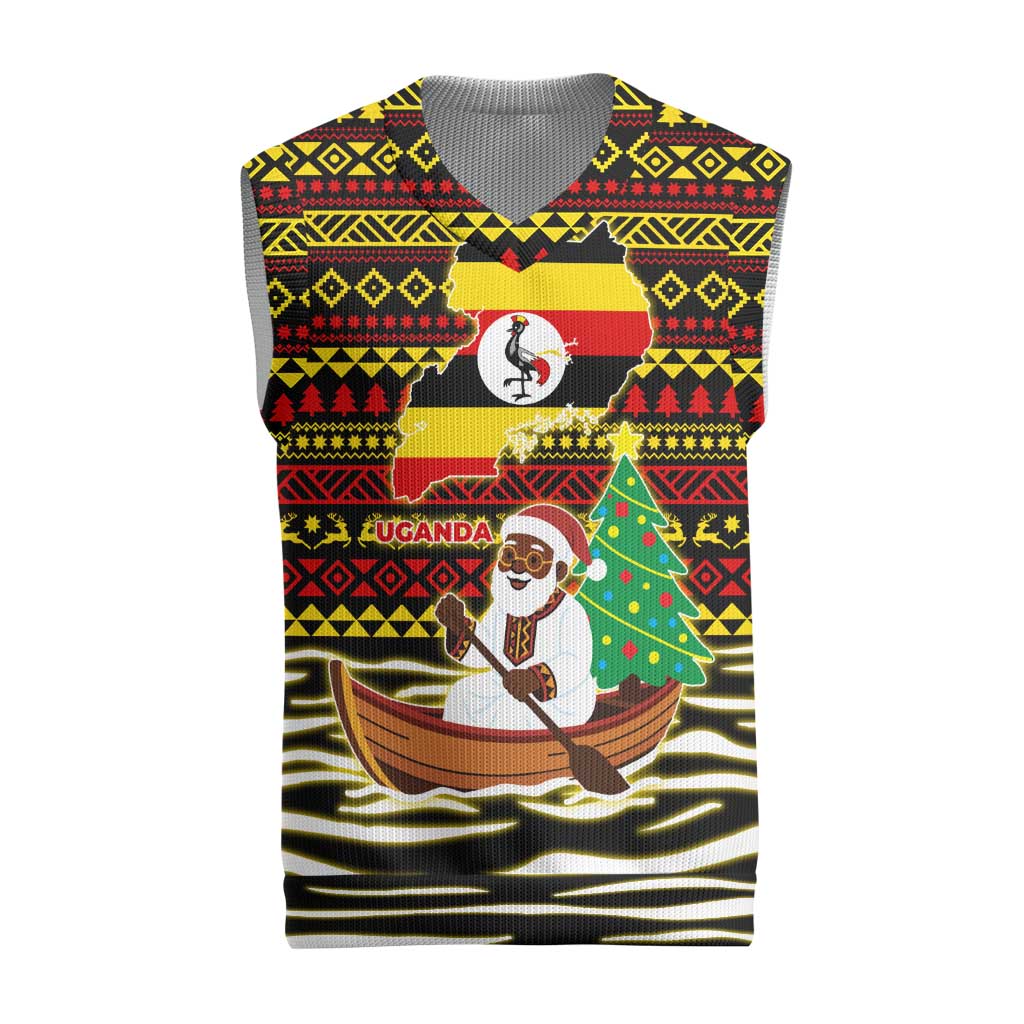 Uganda Christmas Knitted V-Neck Vest with Santa in Canoe Christmas Tree Uganda Map Flag and Black Red Yellow Tribal Pattern Design - Wonder Print Shop