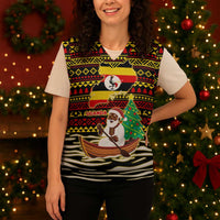 Uganda Christmas Knitted V-Neck Vest with Santa in Canoe Christmas Tree Uganda Map Flag and Black Red Yellow Tribal Pattern Design - Wonder Print Shop