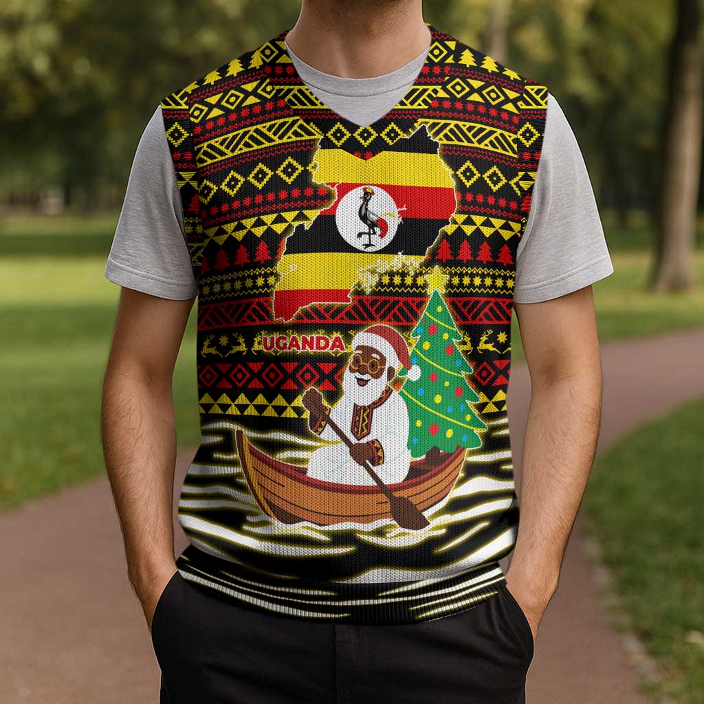 Uganda Christmas Knitted V-Neck Vest with Santa in Canoe Christmas Tree Uganda Map Flag and Black Red Yellow Tribal Pattern Design - Wonder Print Shop