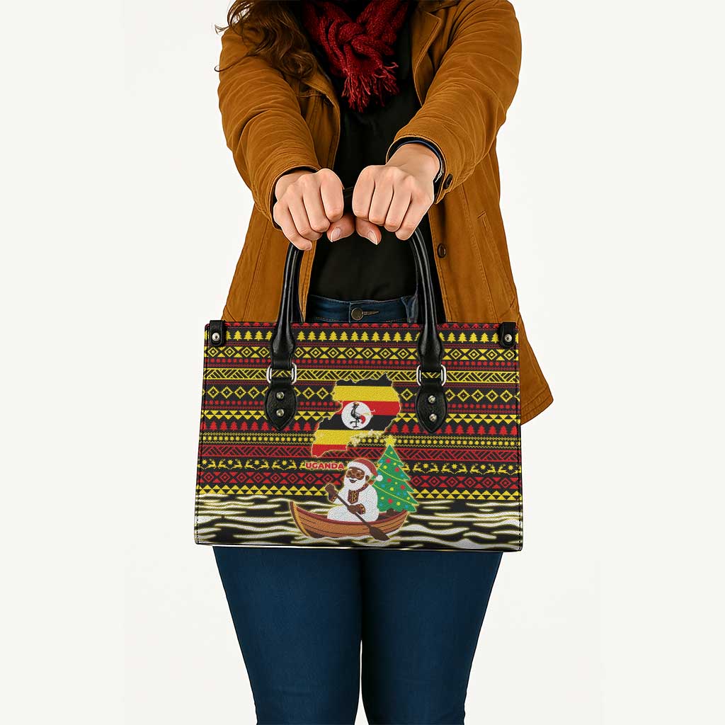 Uganda Christmas Leather Bag with Santa in Canoe Christmas Tree Uganda Map Flag and Black Red Yellow Tribal Pattern Design - Wonder Print Shop