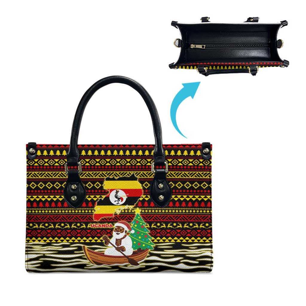 Uganda Christmas Leather Bag with Santa in Canoe Christmas Tree Uganda Map Flag and Black Red Yellow Tribal Pattern Design - Wonder Print Shop