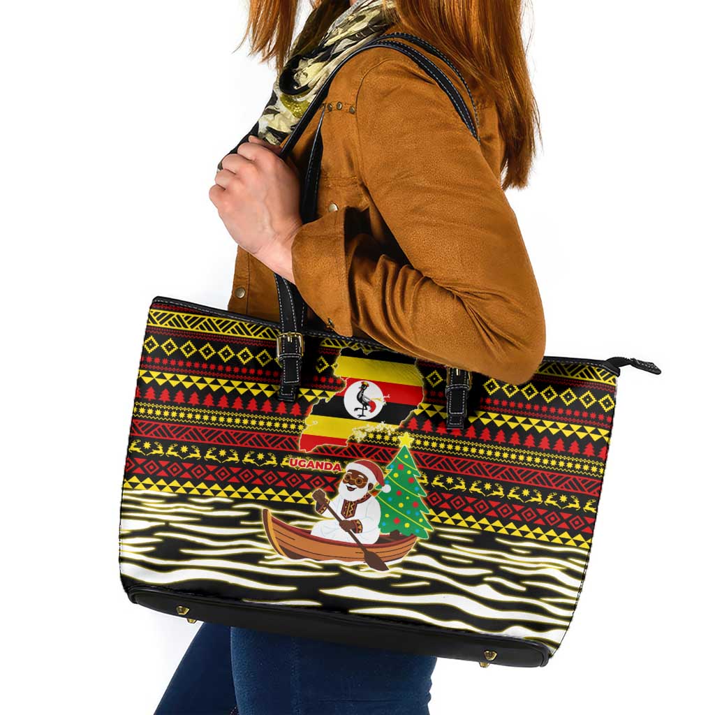 Uganda Christmas Leather Tote Bag with Santa in Canoe Christmas Tree Uganda Map Flag and Black Red Yellow Tribal Pattern Design - Wonder Print Shop