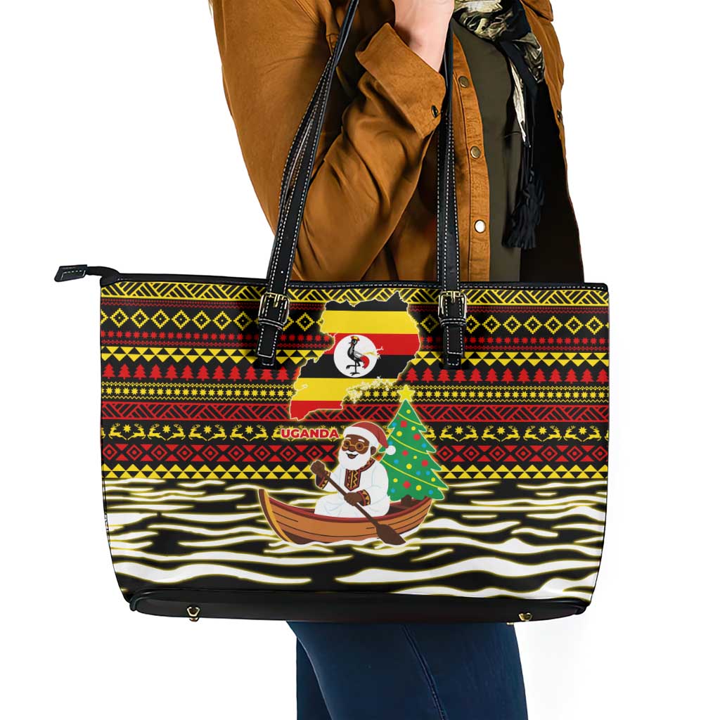 Uganda Christmas Leather Tote Bag with Santa in Canoe Christmas Tree Uganda Map Flag and Black Red Yellow Tribal Pattern Design - Wonder Print Shop