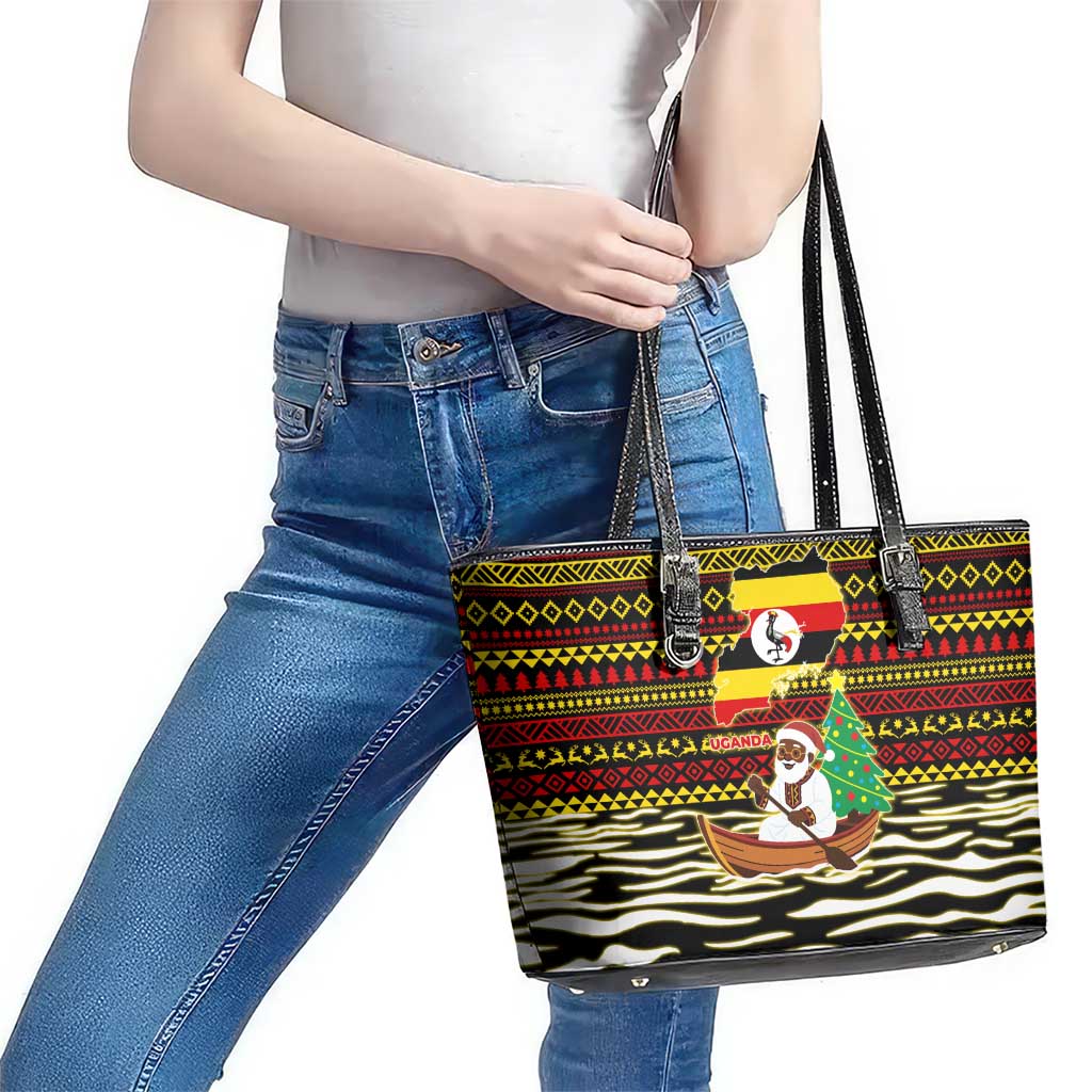 Uganda Christmas Leather Tote Bag with Santa in Canoe Christmas Tree Uganda Map Flag and Black Red Yellow Tribal Pattern Design - Wonder Print Shop