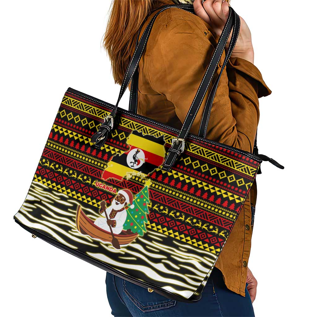 Uganda Christmas Leather Tote Bag with Santa in Canoe Christmas Tree Uganda Map Flag and Black Red Yellow Tribal Pattern Design - Wonder Print Shop