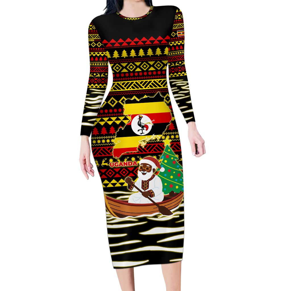 Uganda Christmas Long Sleeve Bodycon Dress with Santa in Canoe Christmas Tree Uganda Map Flag and Black Red Yellow Tribal Pattern Design - Wonder Print Shop