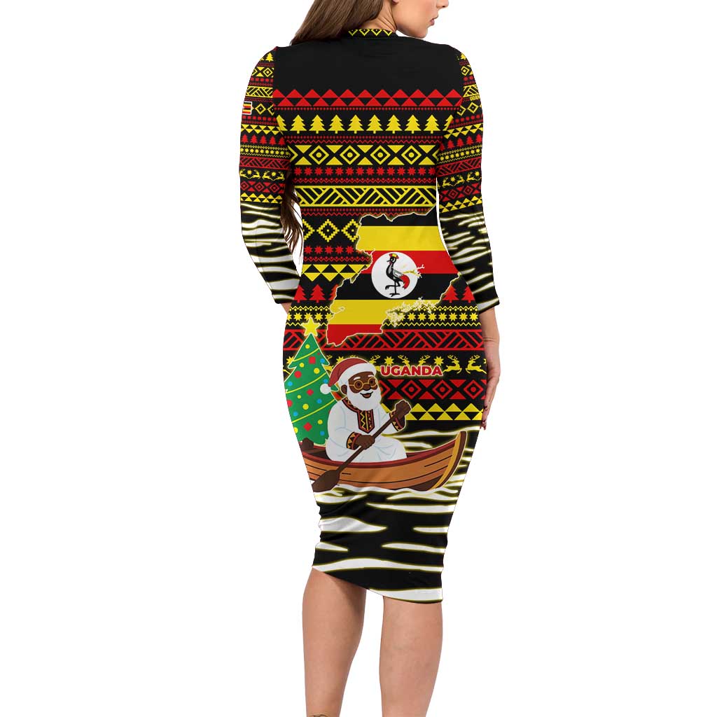 Uganda Christmas Long Sleeve Bodycon Dress with Santa in Canoe Christmas Tree Uganda Map Flag and Black Red Yellow Tribal Pattern Design - Wonder Print Shop