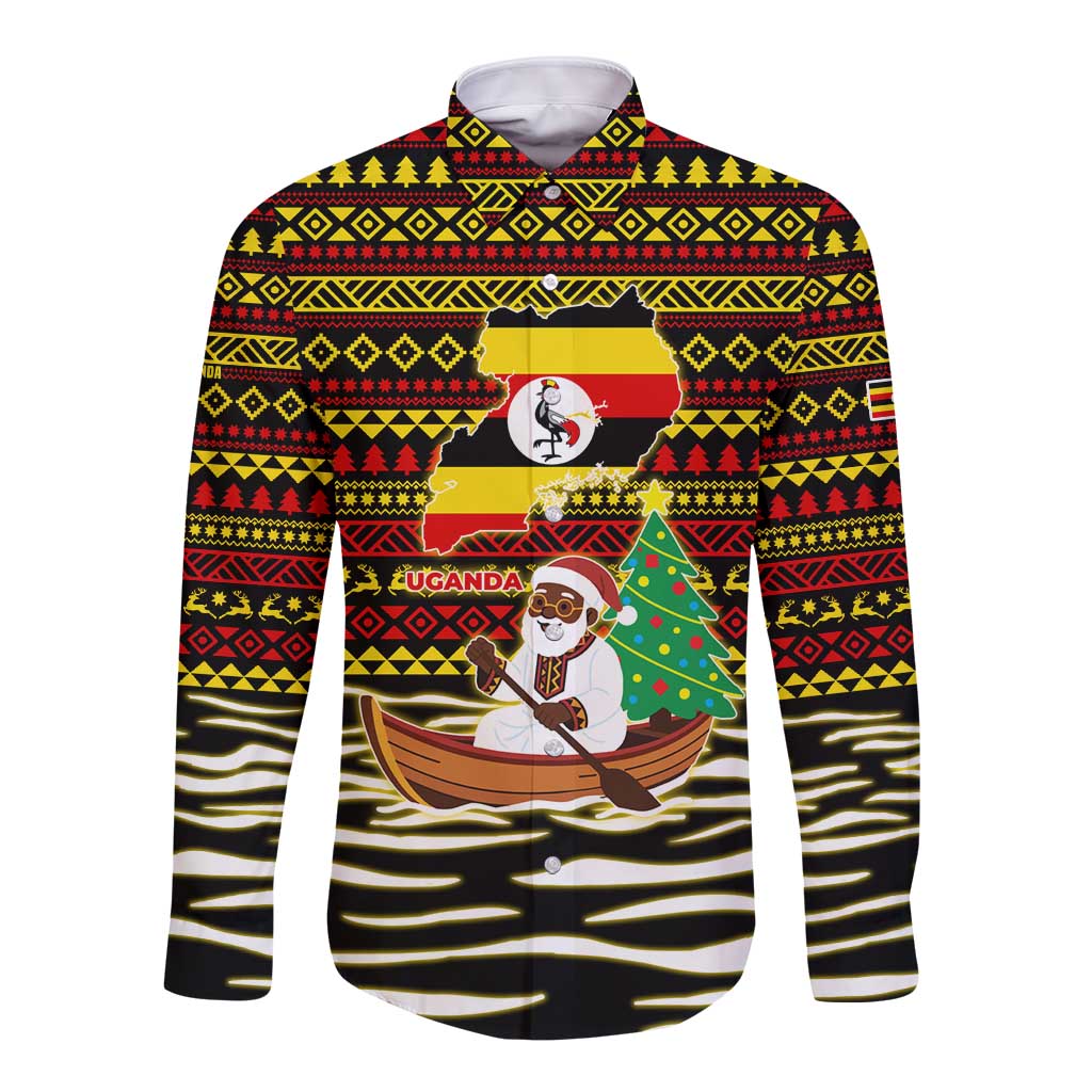 Uganda Christmas Long Sleeve Button Shirt with Santa in Canoe Christmas Tree Uganda Map Flag and Black Red Yellow Tribal Pattern Design - Wonder Print Shop