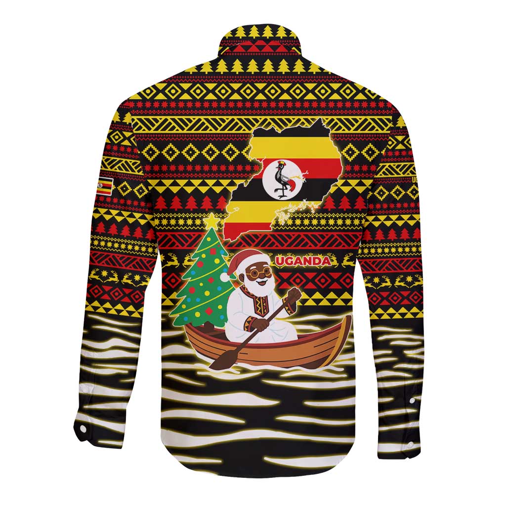 Uganda Christmas Long Sleeve Button Shirt with Santa in Canoe Christmas Tree Uganda Map Flag and Black Red Yellow Tribal Pattern Design - Wonder Print Shop