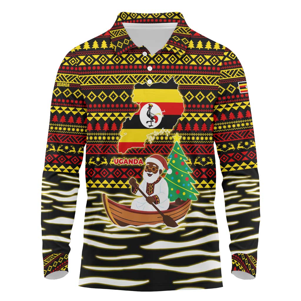 Uganda Christmas Long Sleeve Polo Shirt with Santa in Canoe Christmas Tree Uganda Map Flag and Black Red Yellow Tribal Pattern Design - Wonder Print Shop