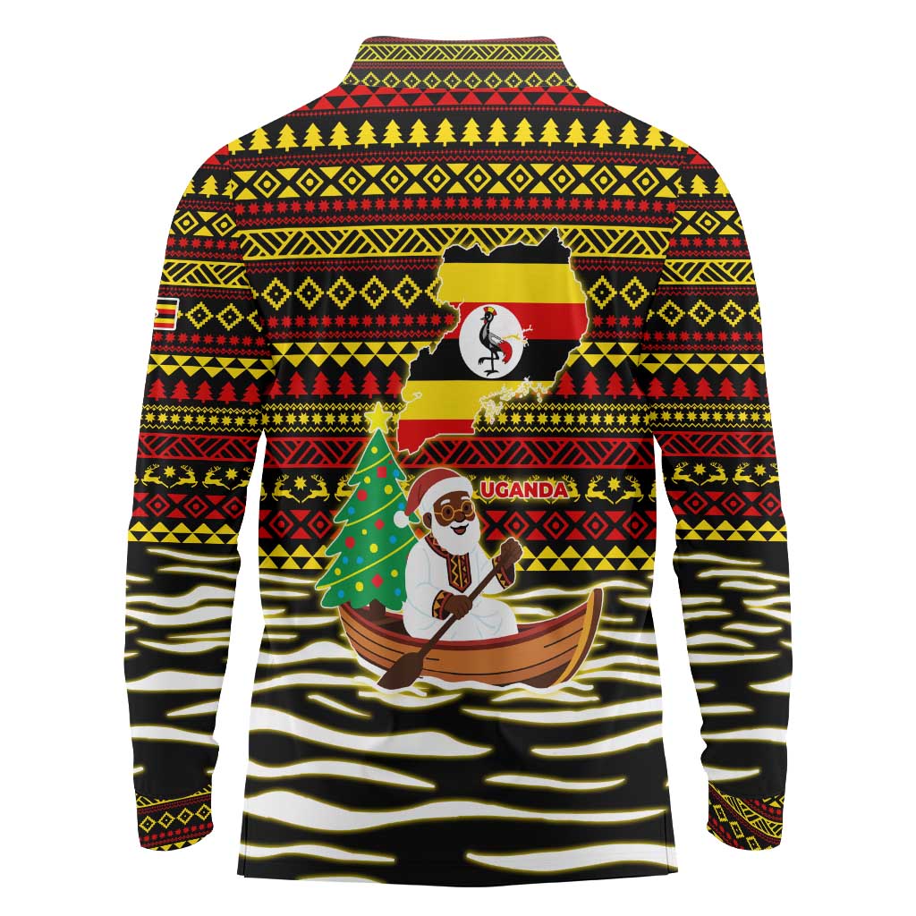Uganda Christmas Long Sleeve Polo Shirt with Santa in Canoe Christmas Tree Uganda Map Flag and Black Red Yellow Tribal Pattern Design - Wonder Print Shop