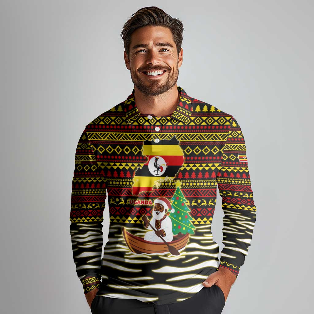 Uganda Christmas Long Sleeve Polo Shirt with Santa in Canoe Christmas Tree Uganda Map Flag and Black Red Yellow Tribal Pattern Design - Wonder Print Shop
