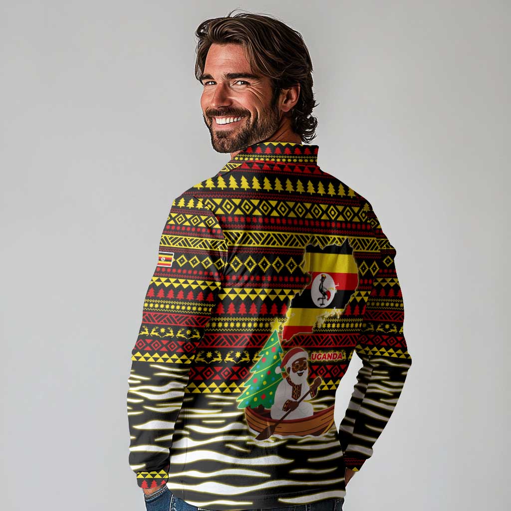 Uganda Christmas Long Sleeve Polo Shirt with Santa in Canoe Christmas Tree Uganda Map Flag and Black Red Yellow Tribal Pattern Design - Wonder Print Shop
