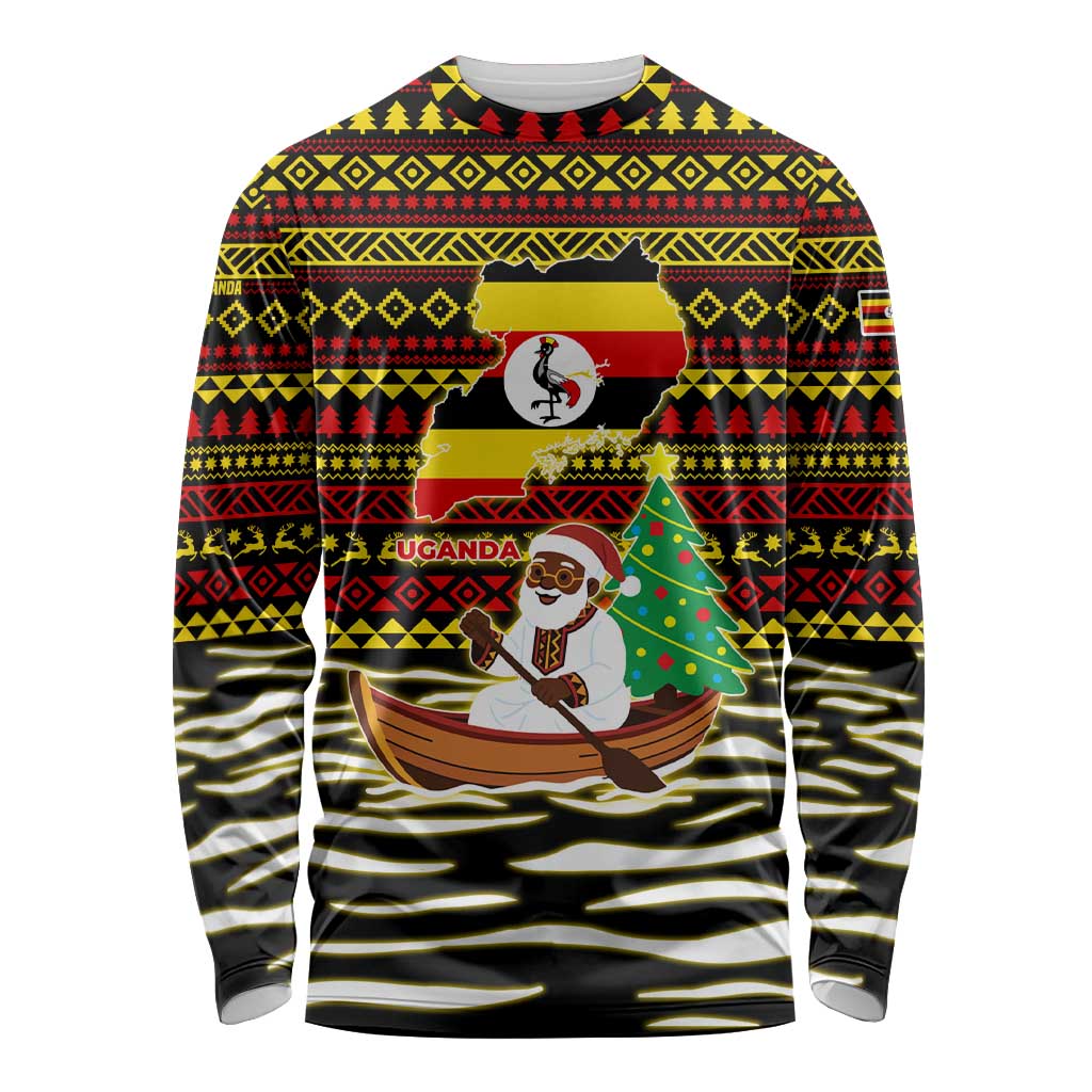 Uganda Christmas Long Sleeve Shirt with Santa in Canoe Christmas Tree Uganda Map Flag and Black Red Yellow Tribal Pattern Design - Wonder Print Shop