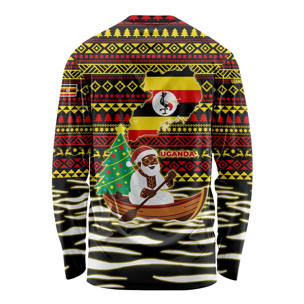 Uganda Christmas Long Sleeve Shirt with Santa in Canoe Christmas Tree Uganda Map Flag and Black Red Yellow Tribal Pattern Design - Wonder Print Shop