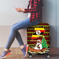 Uganda Christmas Luggage Cover with Santa in Canoe Christmas Tree Uganda Map Flag and Black Red Yellow Tribal Pattern Design - Wonder Print Shop