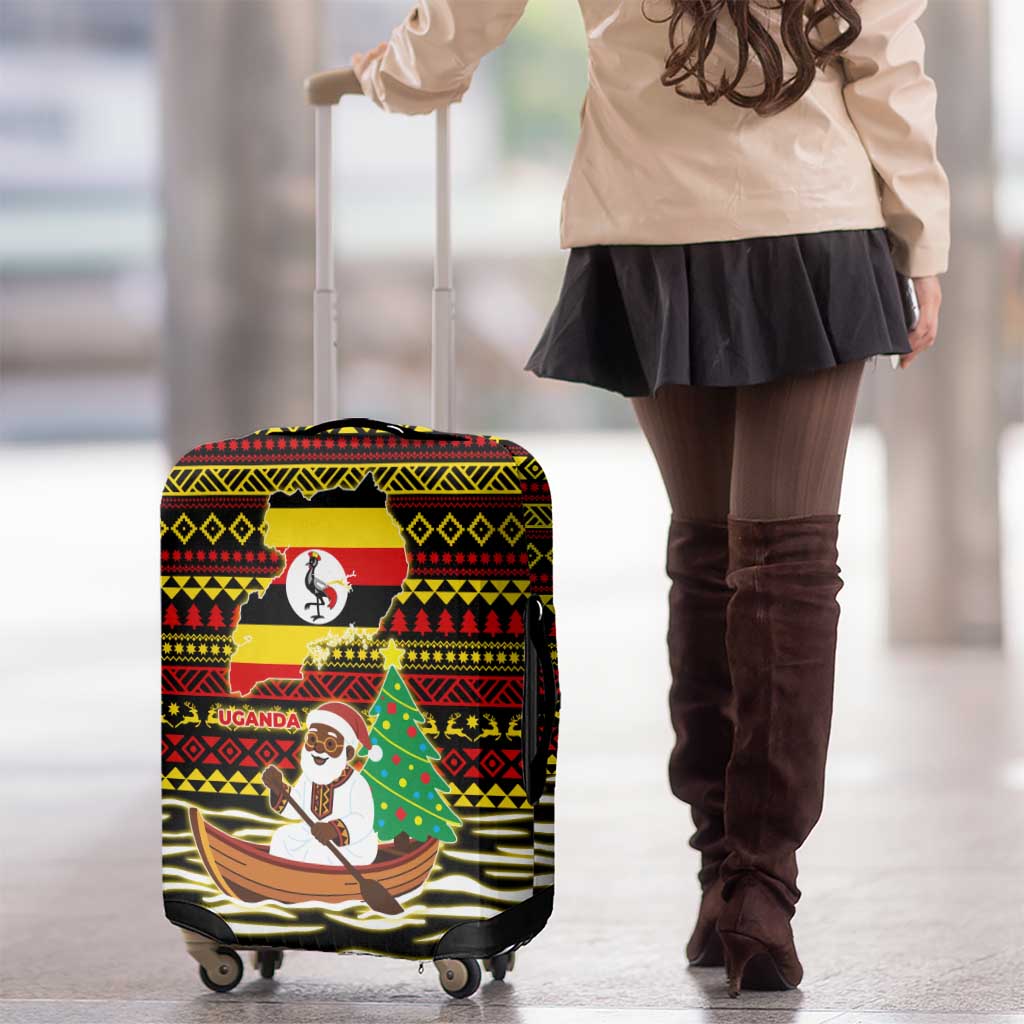 Uganda Christmas Luggage Cover with Santa in Canoe Christmas Tree Uganda Map Flag and Black Red Yellow Tribal Pattern Design - Wonder Print Shop