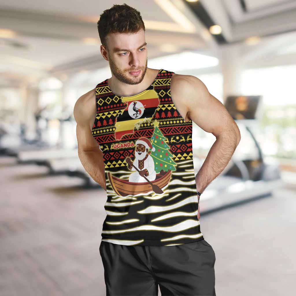 Uganda Christmas Men Tank Top with Santa in Canoe Christmas Tree Uganda Map Flag and Black Red Yellow Tribal Pattern Design - Wonder Print Shop