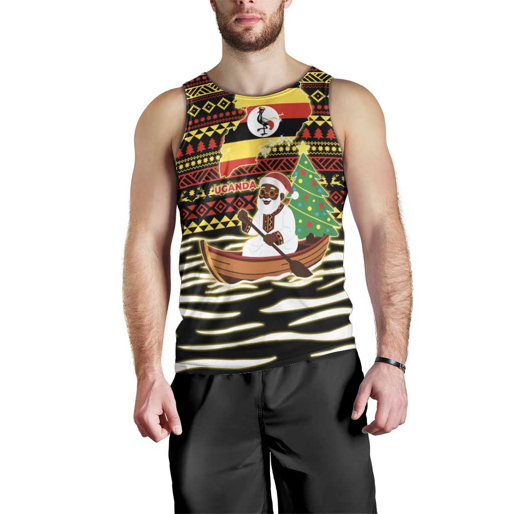 Uganda Christmas Men Tank Top with Santa in Canoe Christmas Tree Uganda Map Flag and Black Red Yellow Tribal Pattern Design - Wonder Print Shop