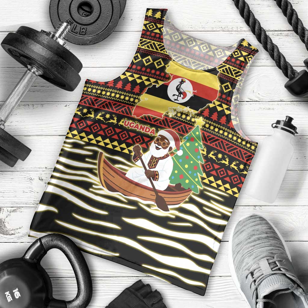 Uganda Christmas Men Tank Top with Santa in Canoe Christmas Tree Uganda Map Flag and Black Red Yellow Tribal Pattern Design - Wonder Print Shop
