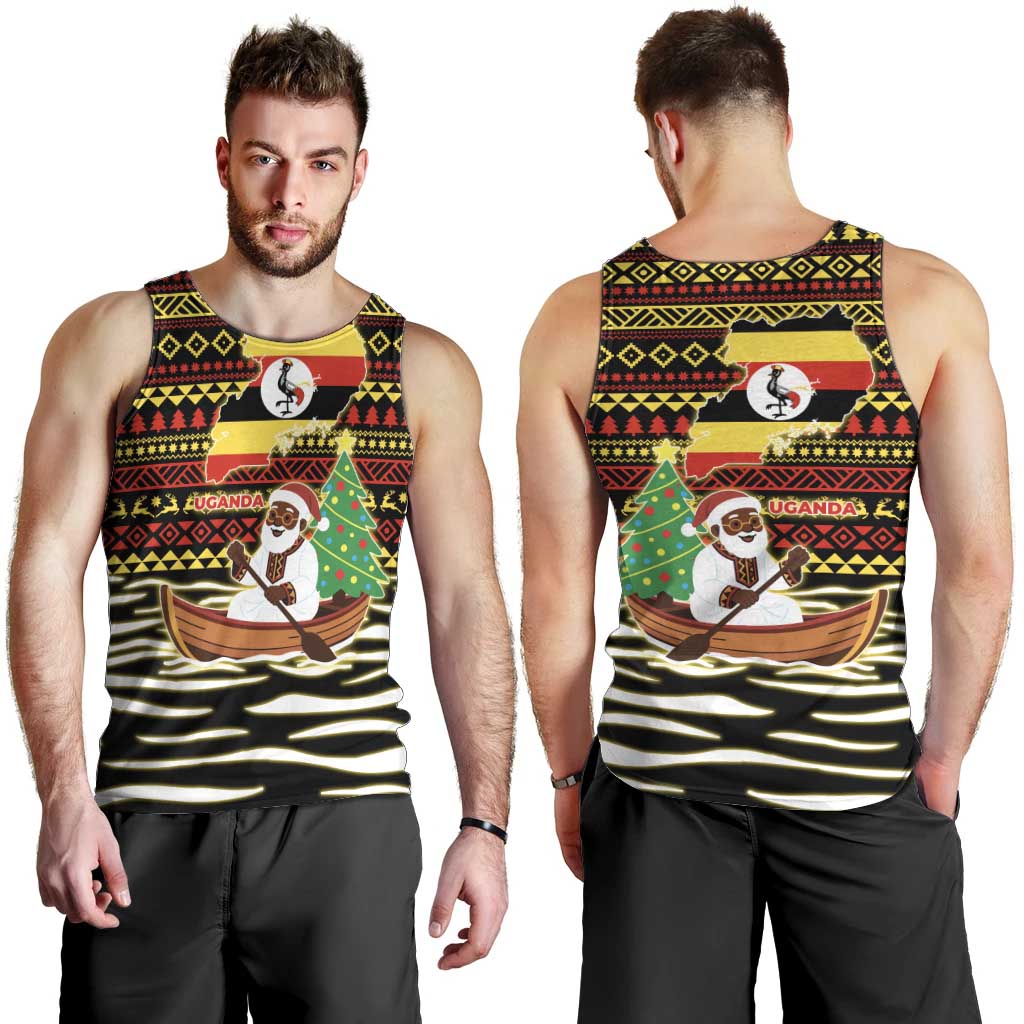 Uganda Christmas Men Tank Top with Santa in Canoe Christmas Tree Uganda Map Flag and Black Red Yellow Tribal Pattern Design - Wonder Print Shop