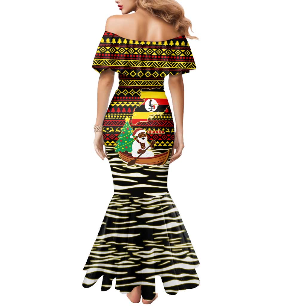Uganda Christmas Mermaid Dress with Santa in Canoe Christmas Tree Uganda Map Flag and Black Red Yellow Tribal Pattern Design - Wonder Print Shop