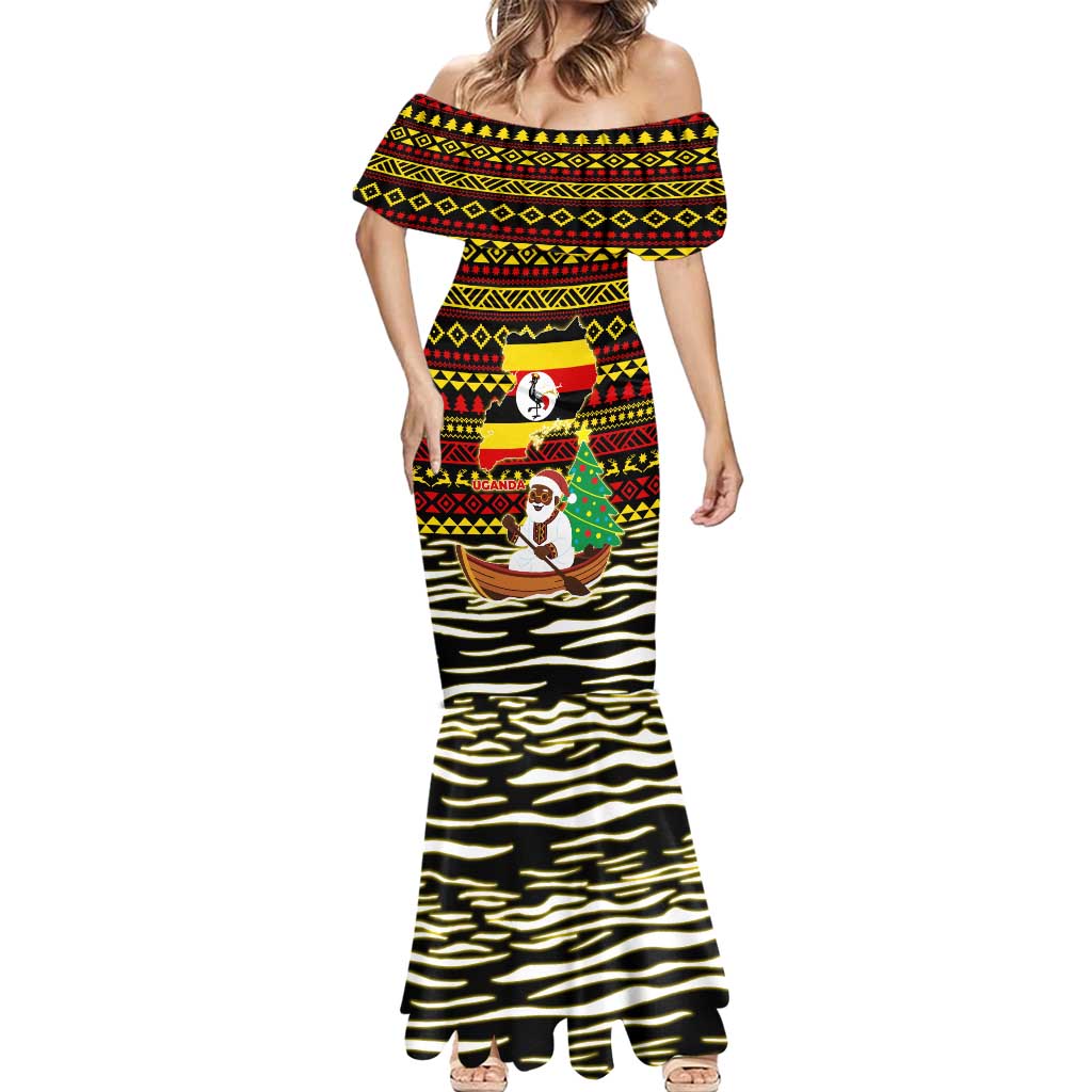 Uganda Christmas Mermaid Dress with Santa in Canoe Christmas Tree Uganda Map Flag and Black Red Yellow Tribal Pattern Design - Wonder Print Shop