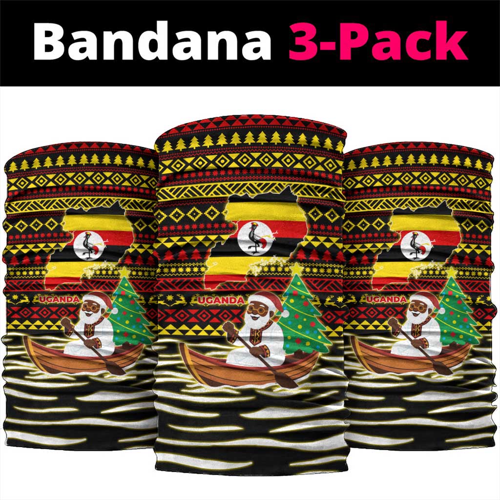 Uganda Christmas Neck Gaiter with Santa in Canoe Christmas Tree Uganda Map Flag and Black Red Yellow Tribal Pattern Design - Wonder Print Shop