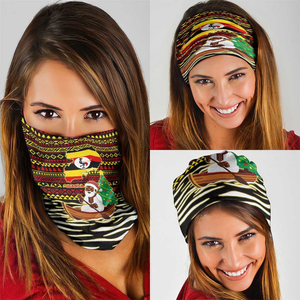 Uganda Christmas Neck Gaiter with Santa in Canoe Christmas Tree Uganda Map Flag and Black Red Yellow Tribal Pattern Design - Wonder Print Shop