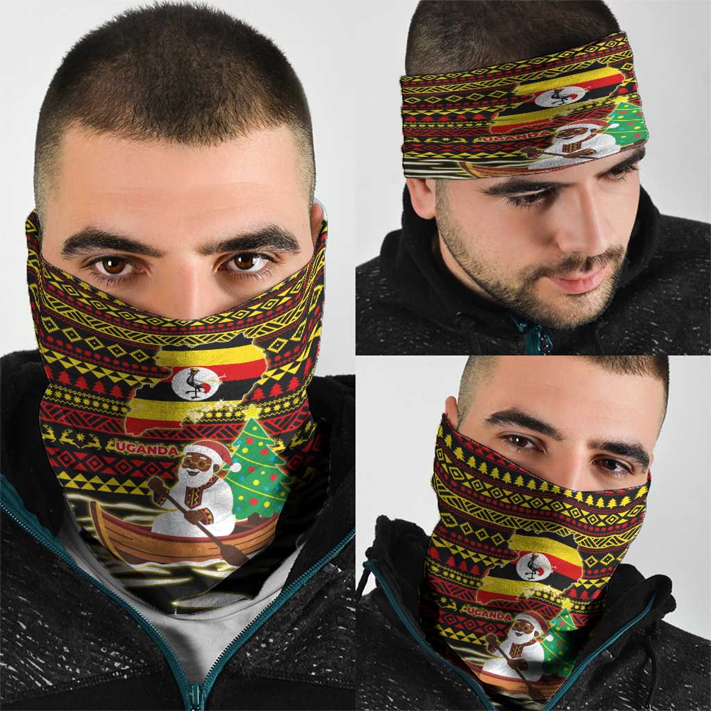 Uganda Christmas Neck Gaiter with Santa in Canoe Christmas Tree Uganda Map Flag and Black Red Yellow Tribal Pattern Design - Wonder Print Shop