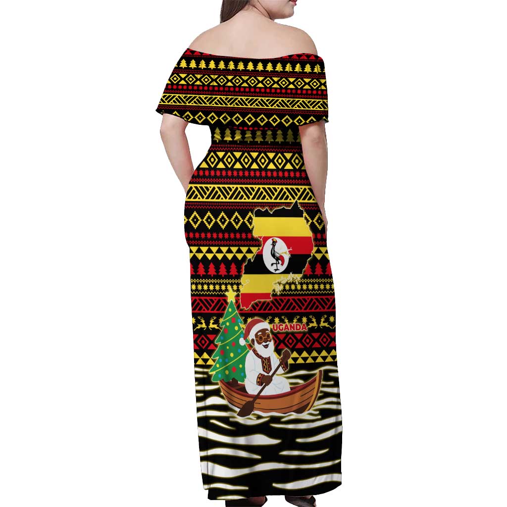 Uganda Christmas Off Shoulder Maxi Dress with Santa in Canoe Christmas Tree Uganda Map Flag and Black Red Yellow Tribal Pattern Design - Wonder Print Shop