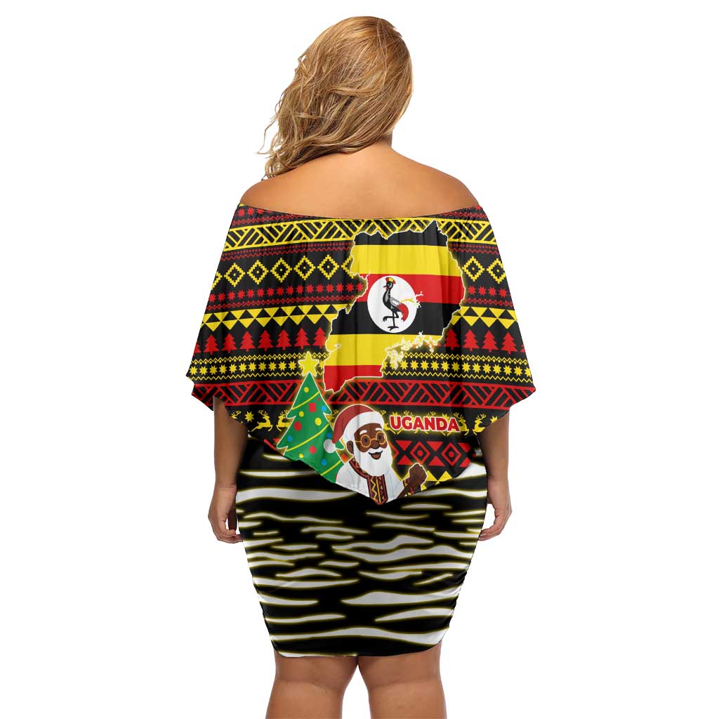 Uganda Christmas Off Shoulder Short Dress with Santa in Canoe Christmas Tree Uganda Map Flag and Black Red Yellow Tribal Pattern Design - Wonder Print Shop