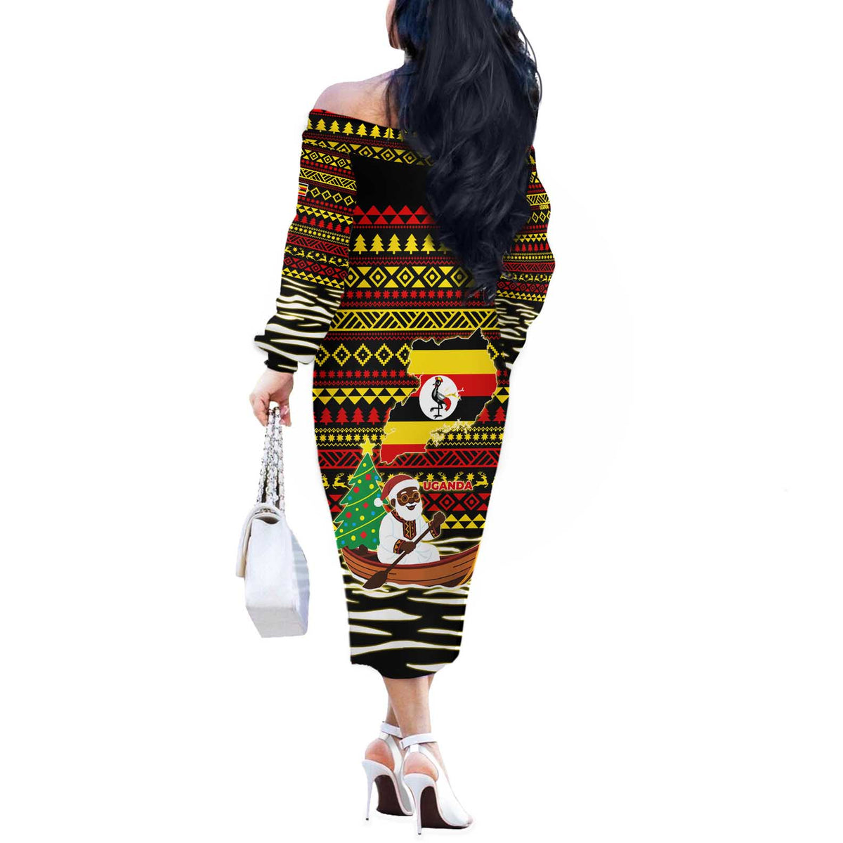 Uganda Christmas Off The Shoulder Long Sleeve Dress with Santa in Canoe Christmas Tree Uganda Map Flag and Black Red Yellow Tribal Pattern Design - Wonder Print Shop