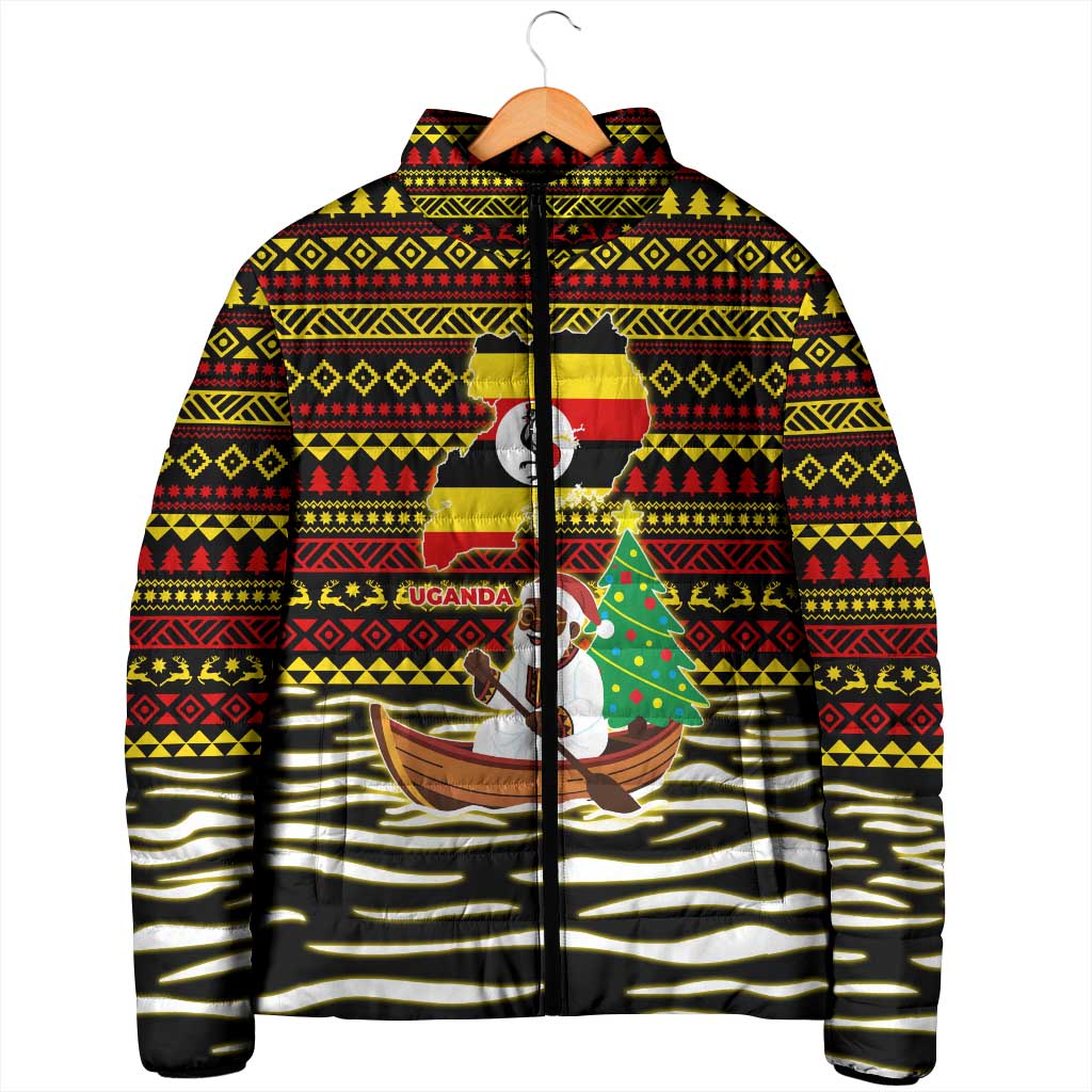 Uganda Christmas Padded Jacket with Santa in Canoe Christmas Tree Uganda Map Flag and Black Red Yellow Tribal Pattern Design - Wonder Print Shop