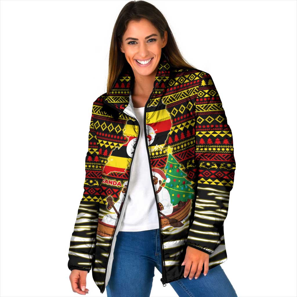 Uganda Christmas Padded Jacket with Santa in Canoe Christmas Tree Uganda Map Flag and Black Red Yellow Tribal Pattern Design - Wonder Print Shop
